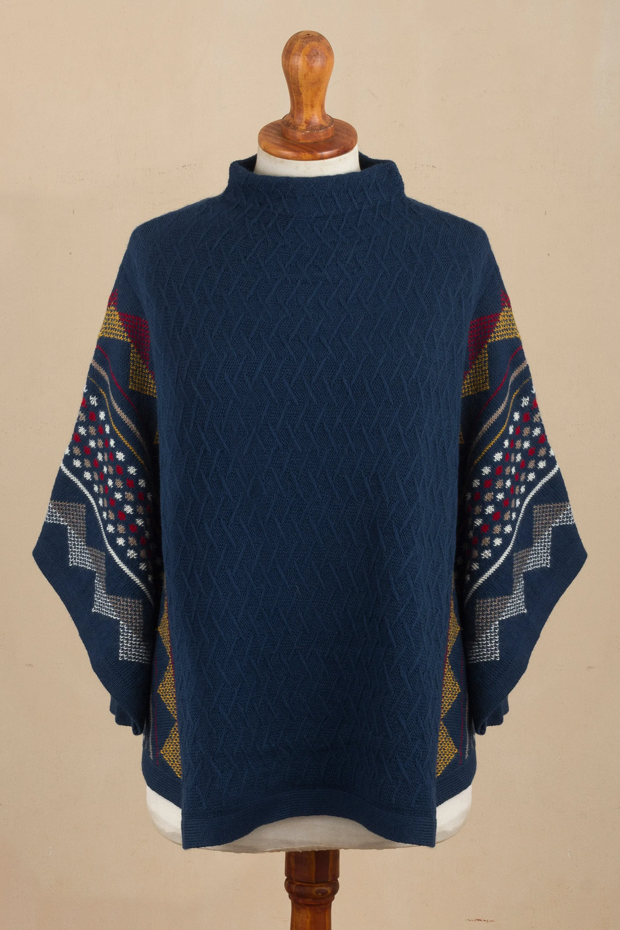 100% Baby Alpaca Wool Blue Poncho From Peru - Jane | NOVICA