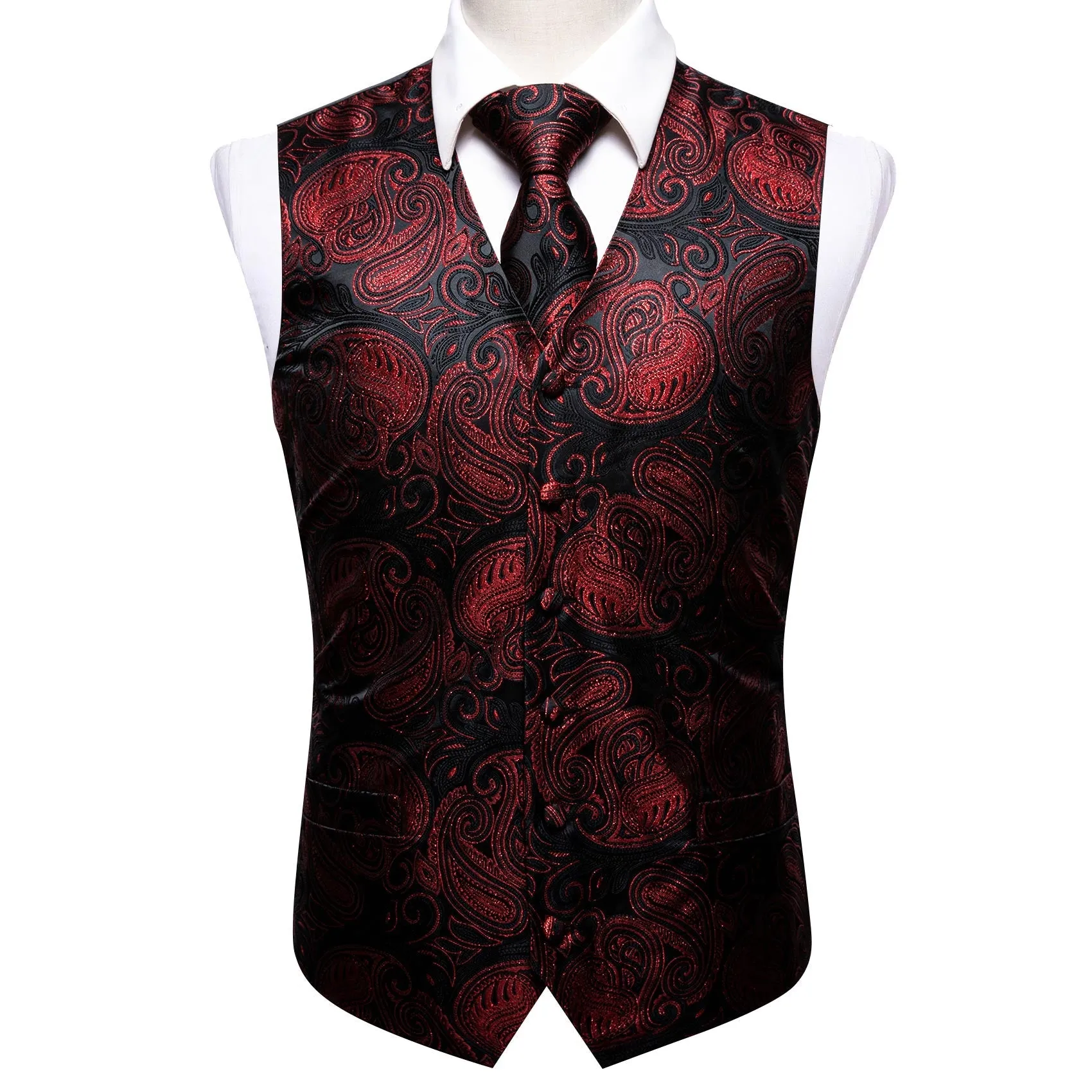 2PCS Luxury Black Red Shining Paisley Jacquard Men's Vest Tie Set