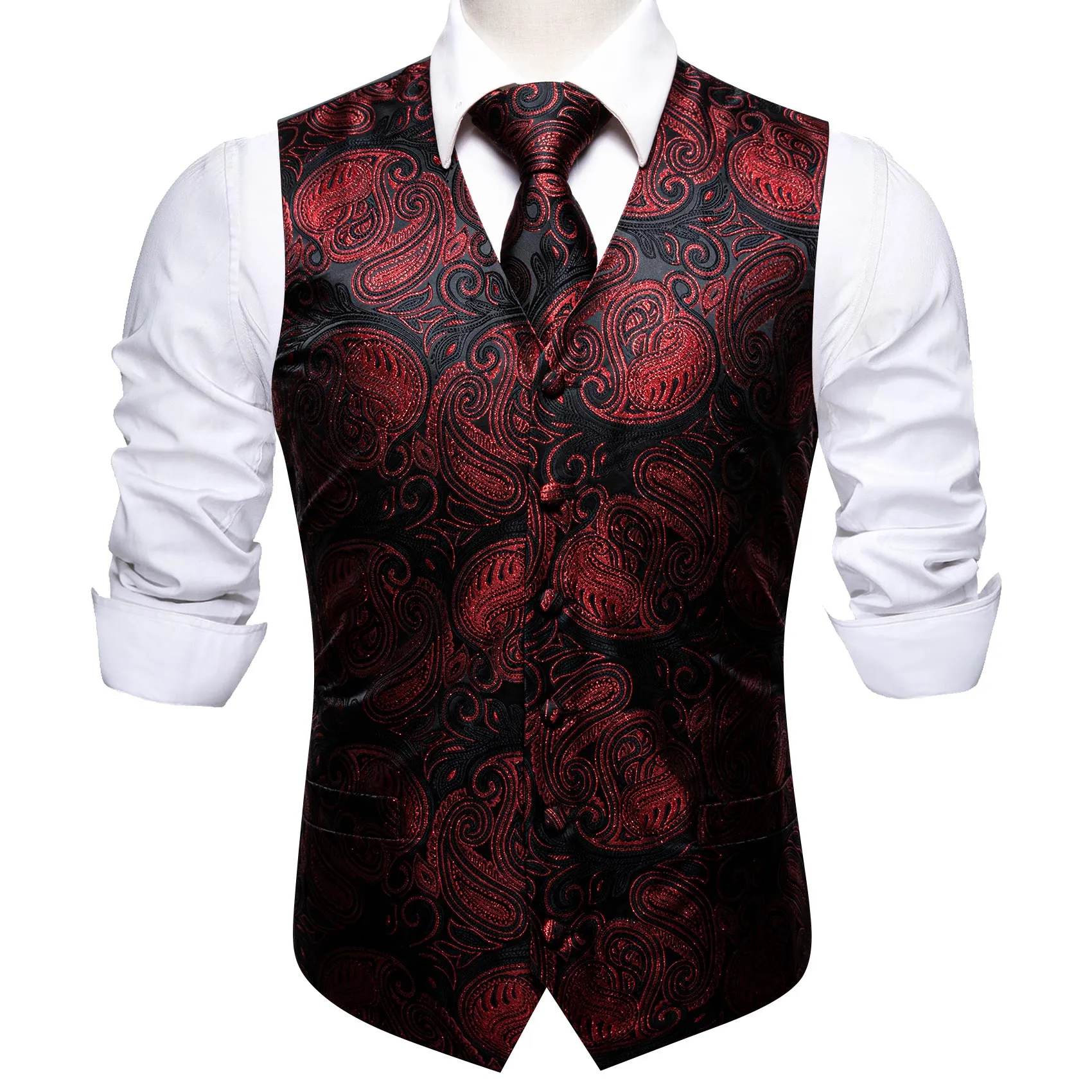 2PCS Luxury Black Red Shining Paisley Jacquard Men's Vest Tie Set