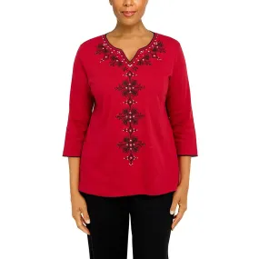 Alfred Dunner Womens Embellished Split Neck Pullover Top