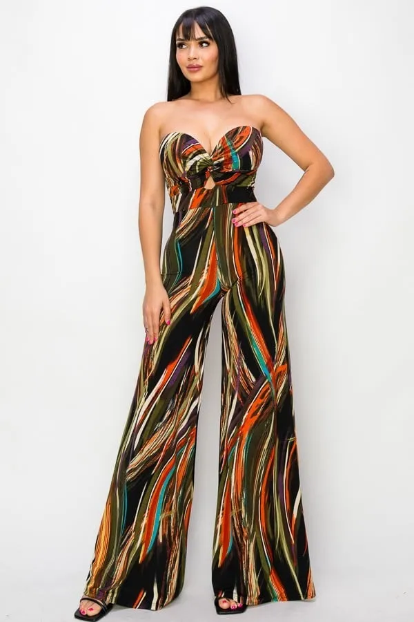 Allover print twist front wide leg jumpsuit-