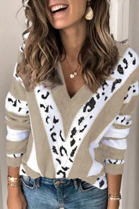 Animal print accent v neck sweater