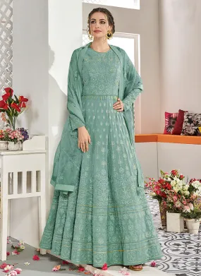 Aqua Blue Embroidered Flared Anarkali Suit