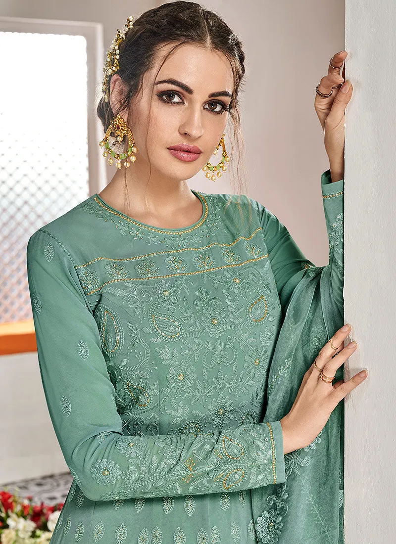 Aqua Blue Embroidered Flared Anarkali Suit