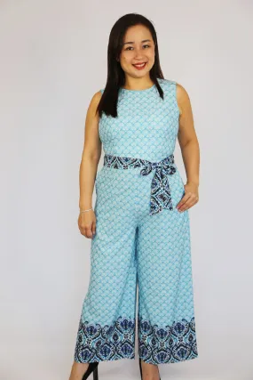 Aqua Blue Geometric Sleeveless Jumpsuit