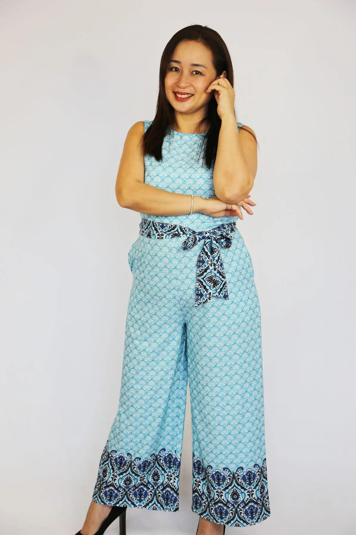 Aqua Blue Geometric Sleeveless Jumpsuit