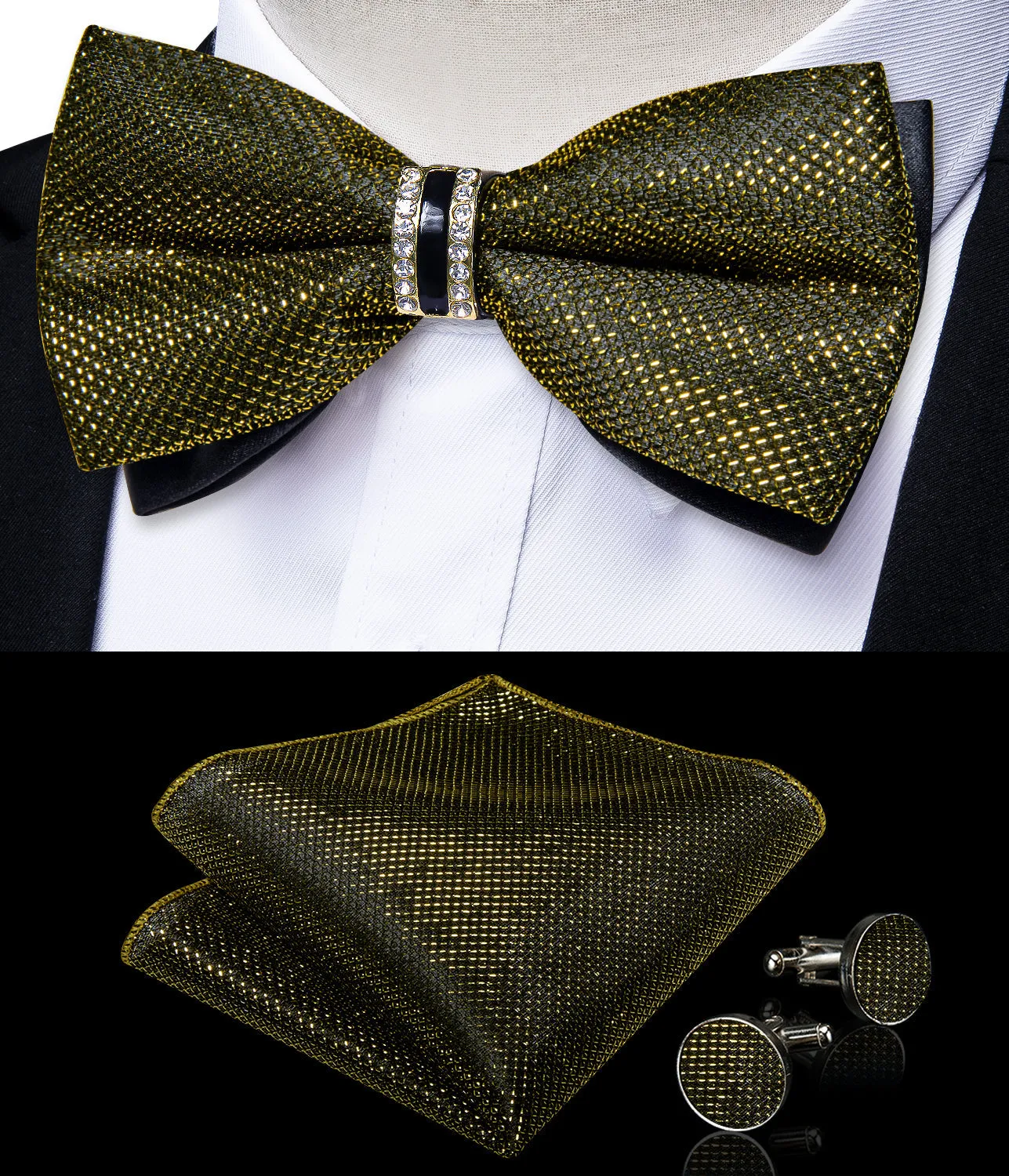 Army Green Solid Shiny Men's Vest Bowtie Hanky Cufflinks Set Waistcoat Suit Set