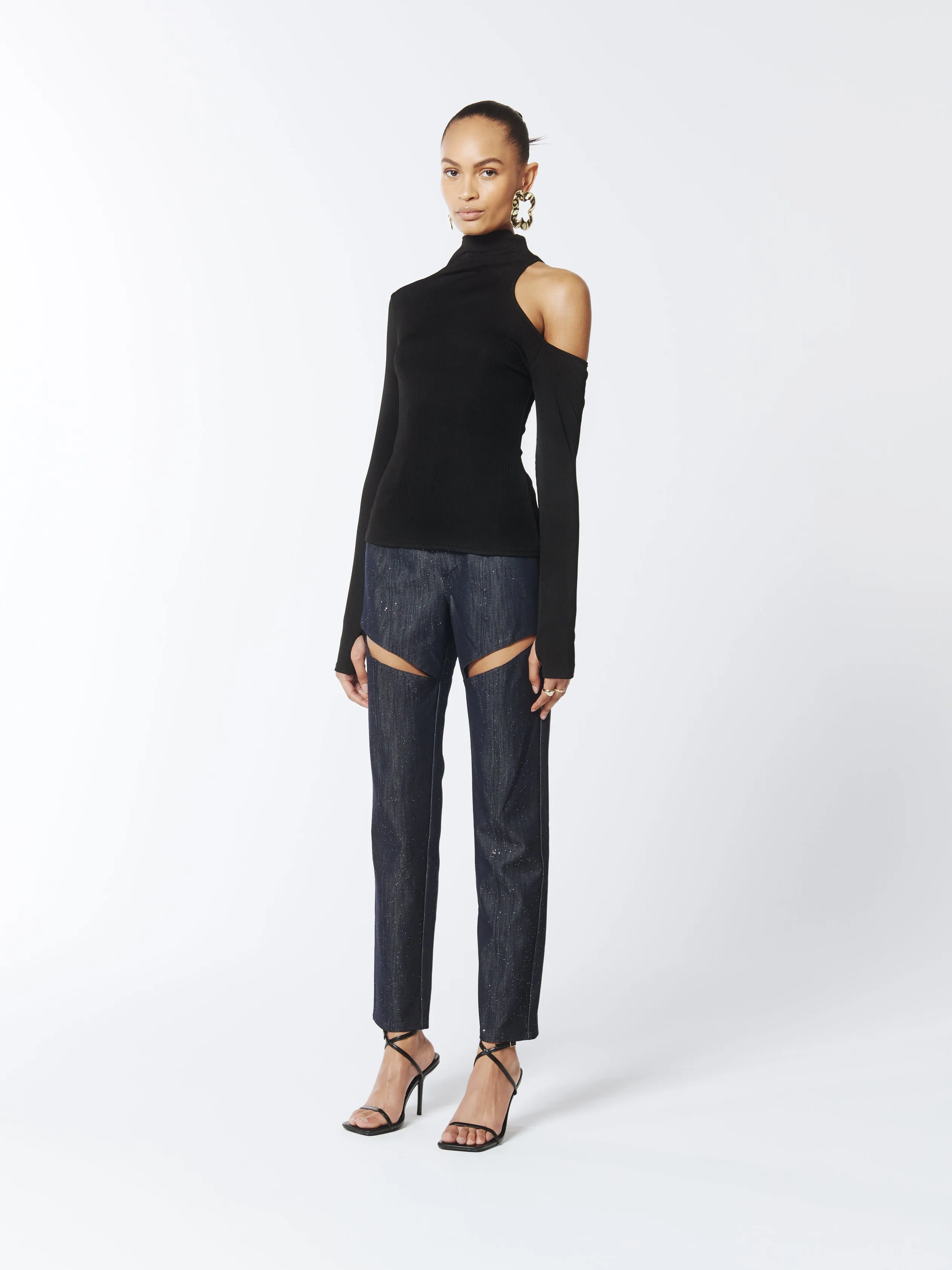 Asymmetric One-Shoulder Cutout Turtleneck Knit Top in Black