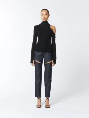 Asymmetric One-Shoulder Cutout Turtleneck Knit Top in Black