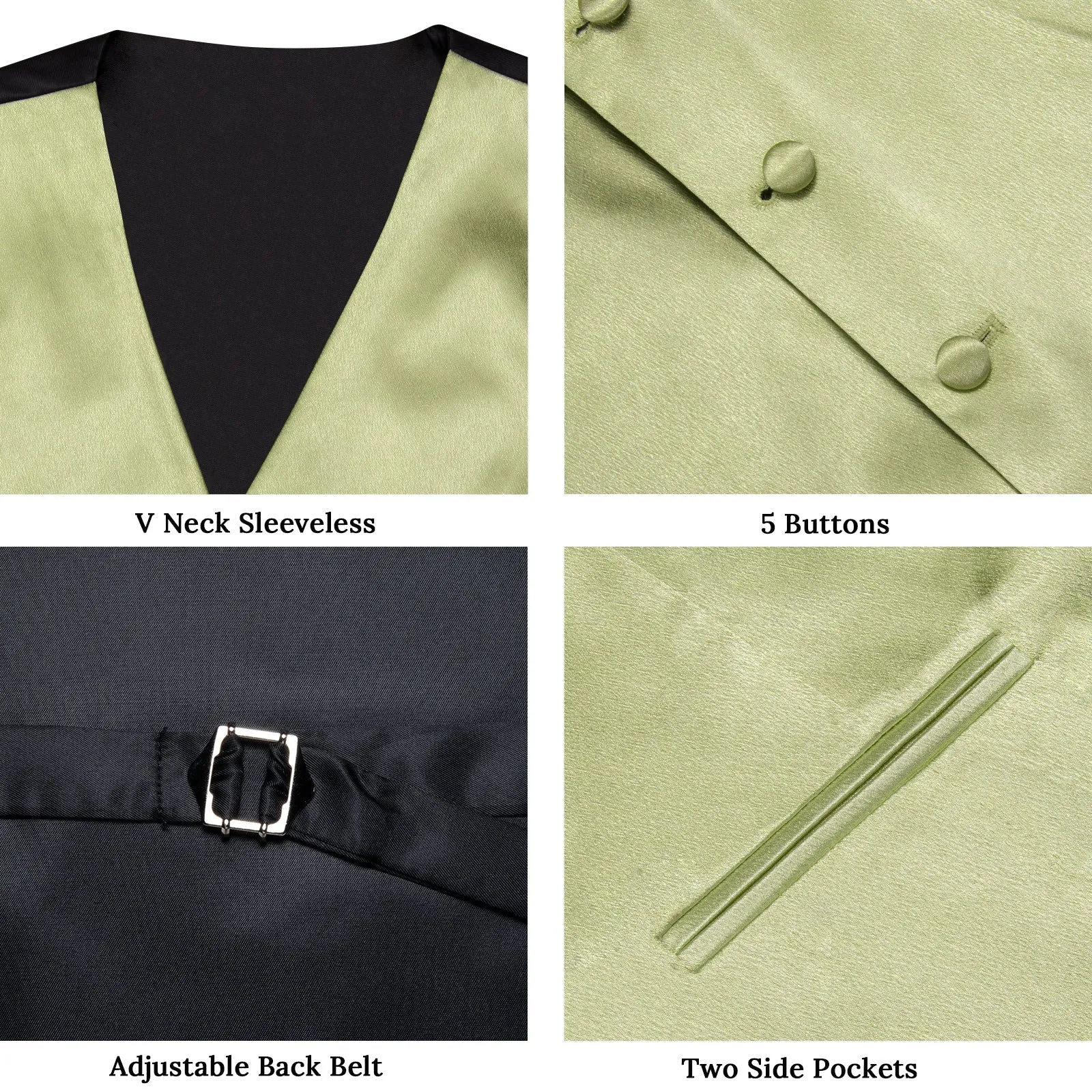 Avocado Green Solid Shining Silk Men Vest Necktie Bow Tie Handkerchief Cufflinks Set