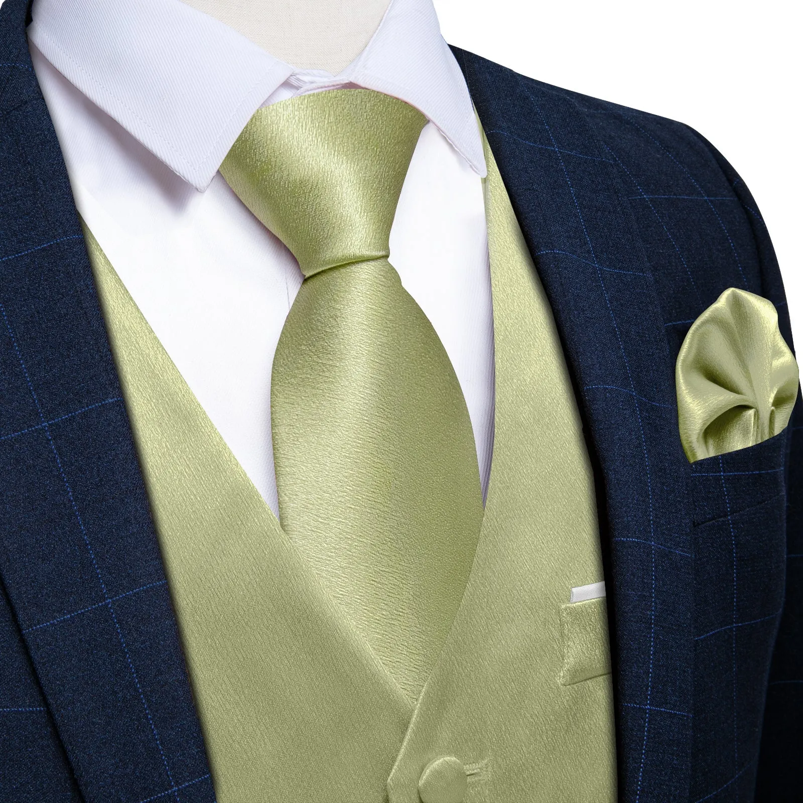 Avocado Green Solid Shining Silk Men Vest Necktie Bow Tie Handkerchief Cufflinks Set