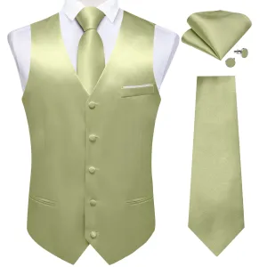 Avocado Green Solid Shining Silk Men Vest Necktie Bow Tie Handkerchief Cufflinks Set