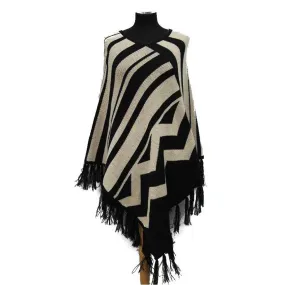 Aztec Print Poncho With Fringe