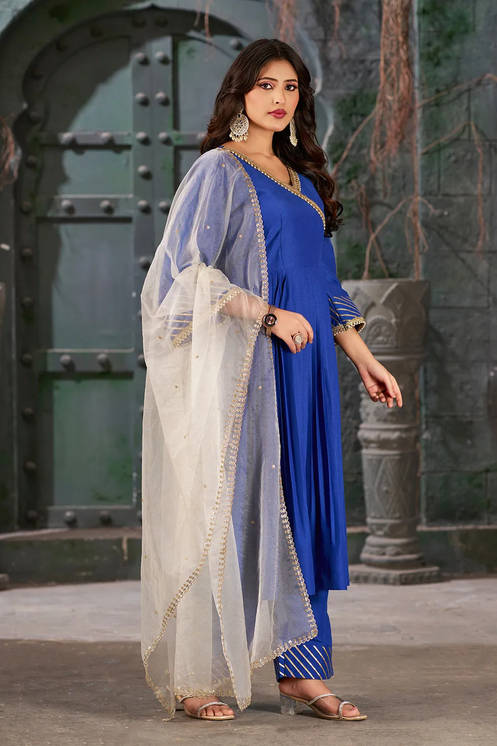 Azure Blue Art Silk Anarkali Kurta Set with Trousers and Dupatta