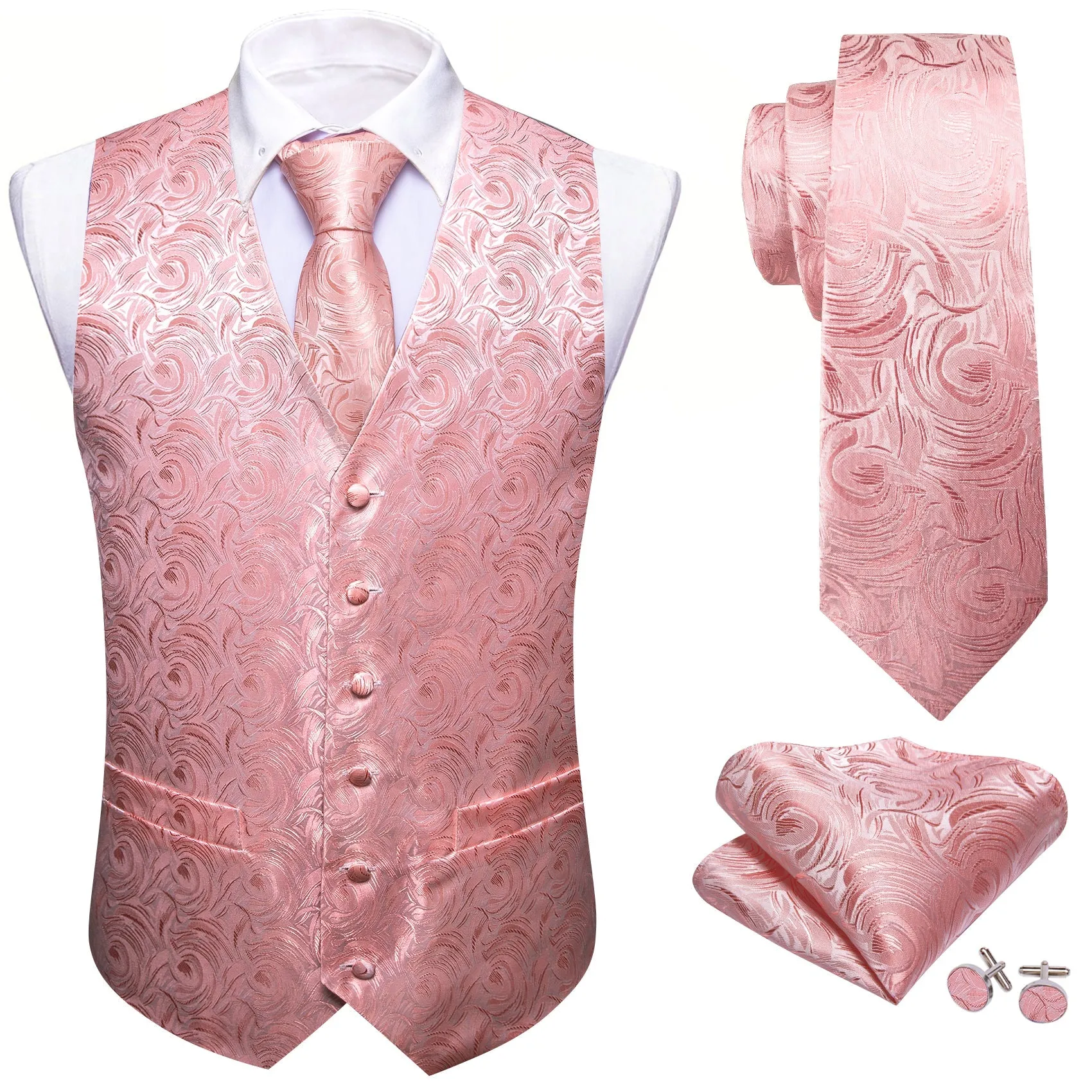 Baby Pink Floral Silk Men's Vest Hanky Cufflinks Tie Set