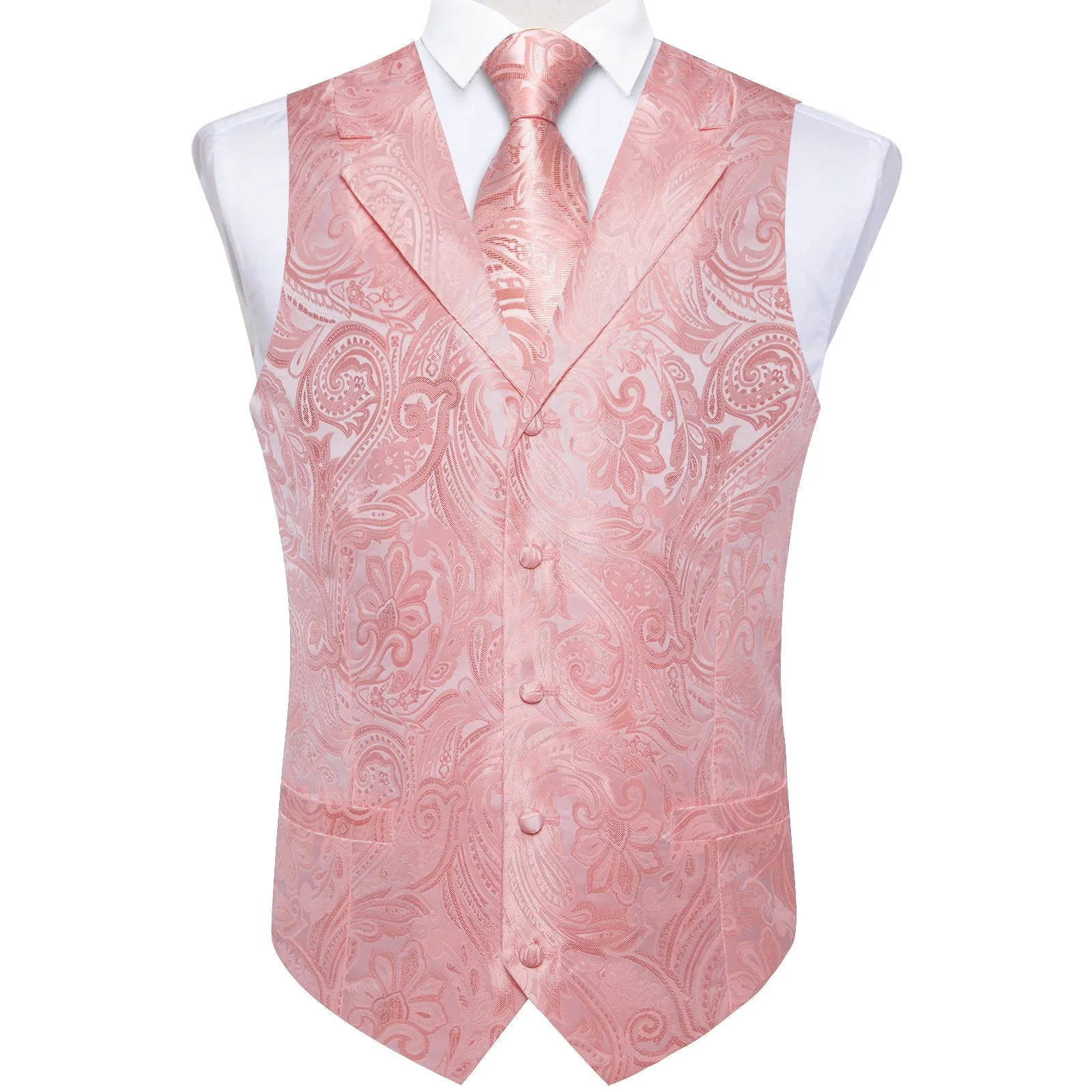 Baby Pink Paisley Men's Collar Vest Tie Hanky Cufflinks Set Waistcoat Suit Set