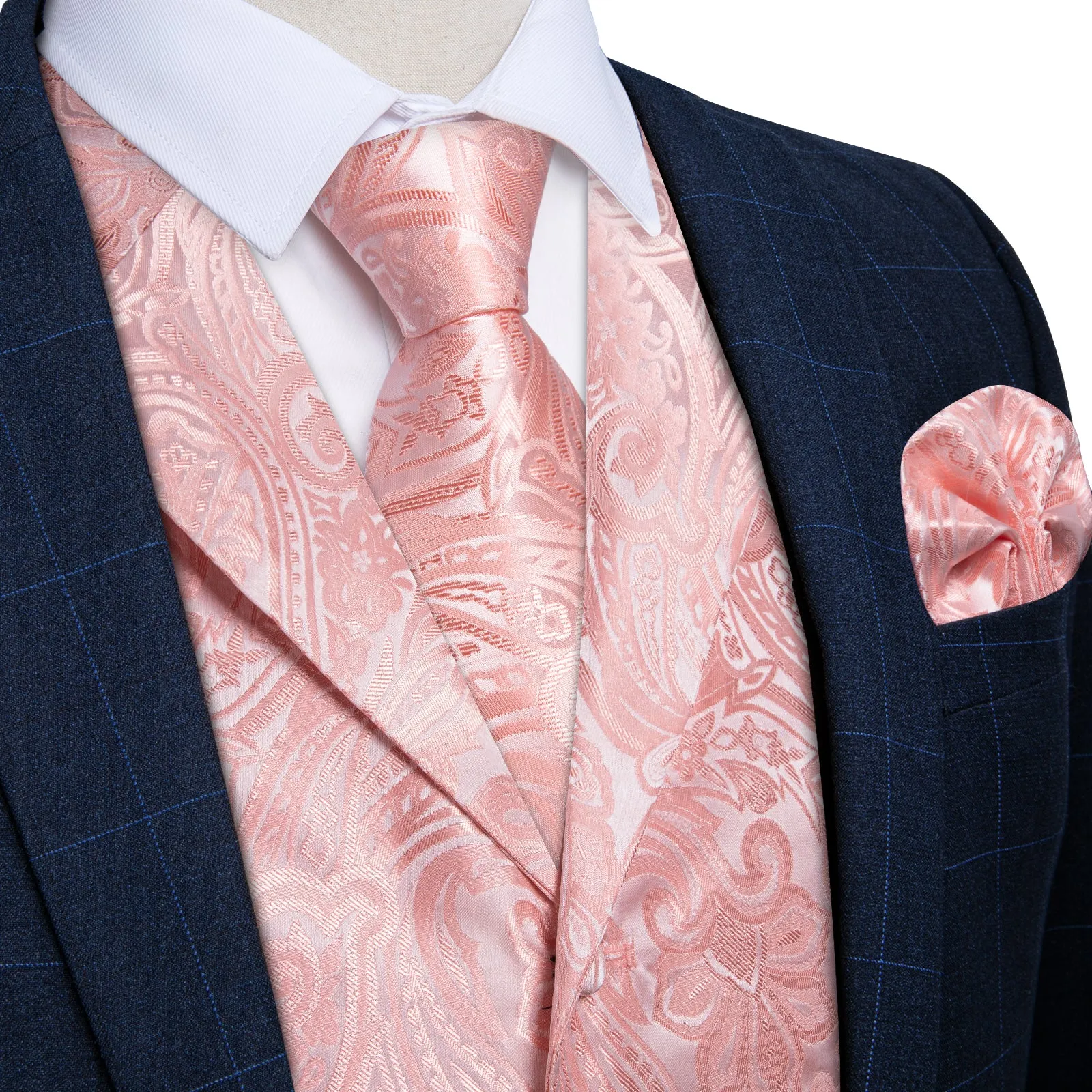 Baby Pink Paisley Men's Collar Vest Tie Hanky Cufflinks Set Waistcoat Suit Set