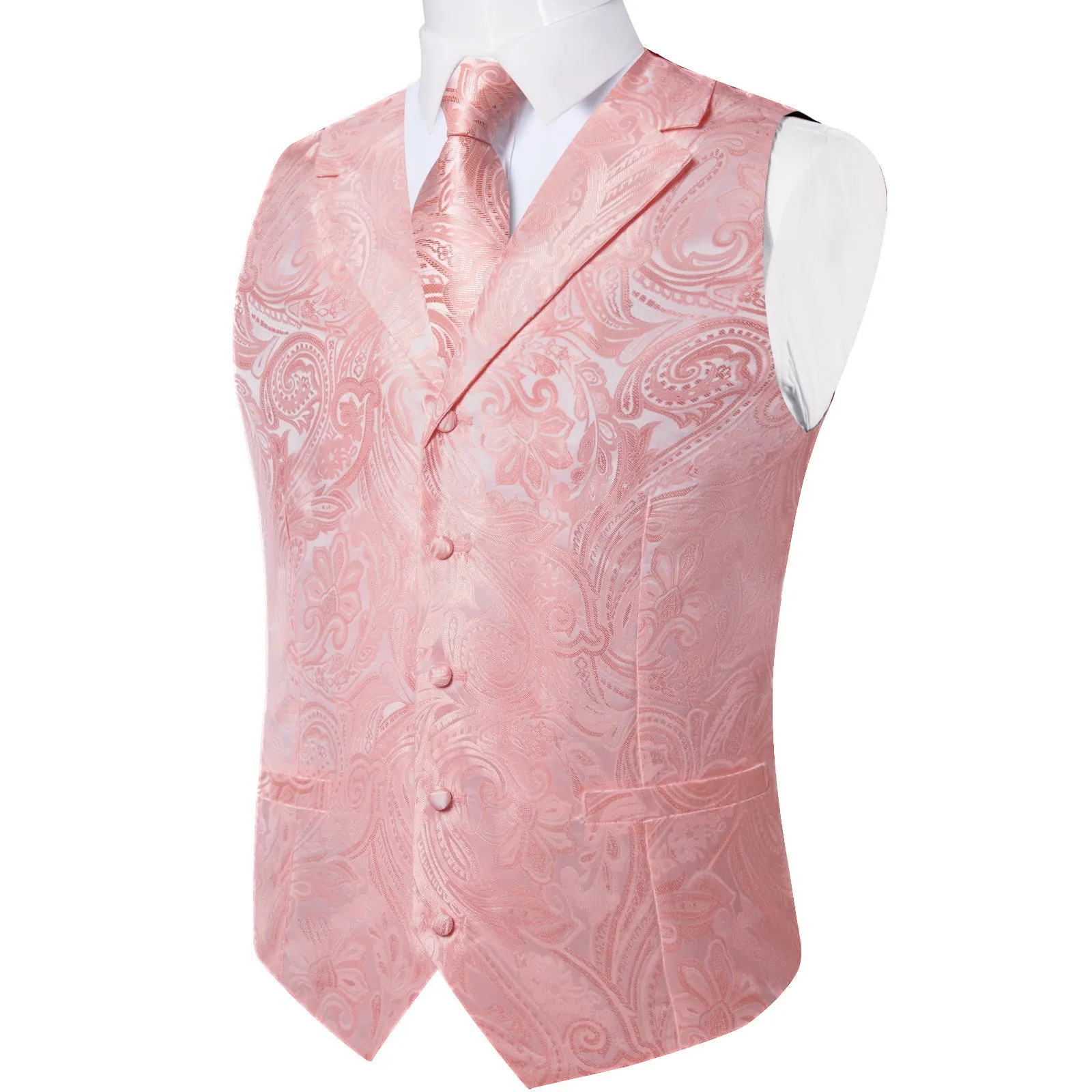 Baby Pink Paisley Men's Collar Vest Tie Hanky Cufflinks Set Waistcoat Suit Set