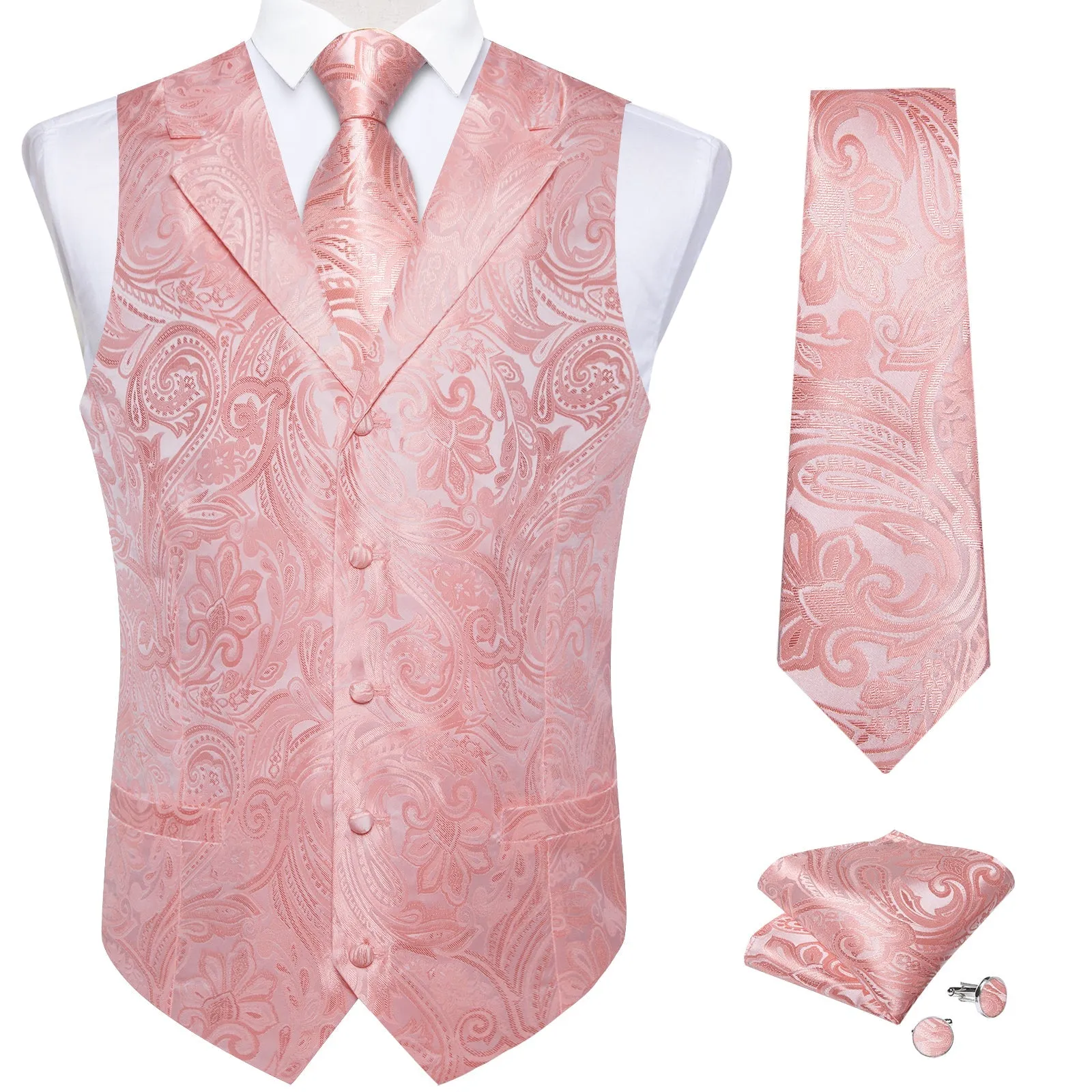 Baby Pink Paisley Men's Collar Vest Tie Hanky Cufflinks Set Waistcoat Suit Set