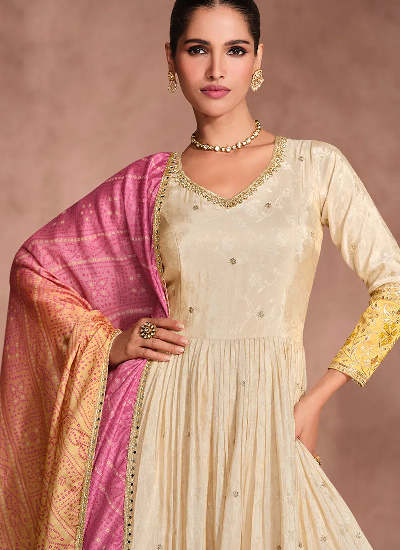 Beige And Yellow Traditional Embroidery Anarkali Suit