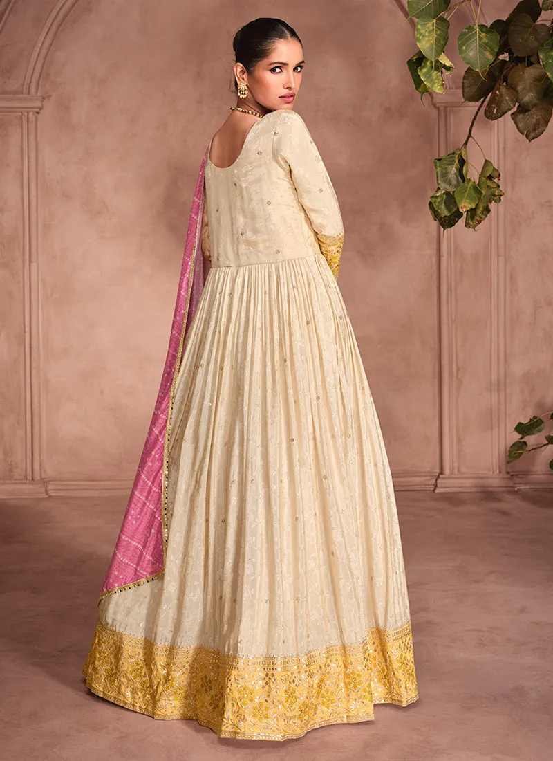 Beige And Yellow Traditional Embroidery Anarkali Suit