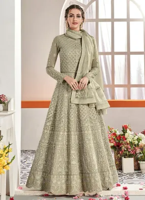 Beige Embroidered Flared Anarkali Suit