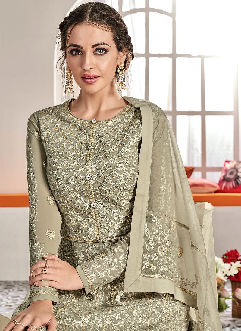 Beige Embroidered Flared Anarkali Suit