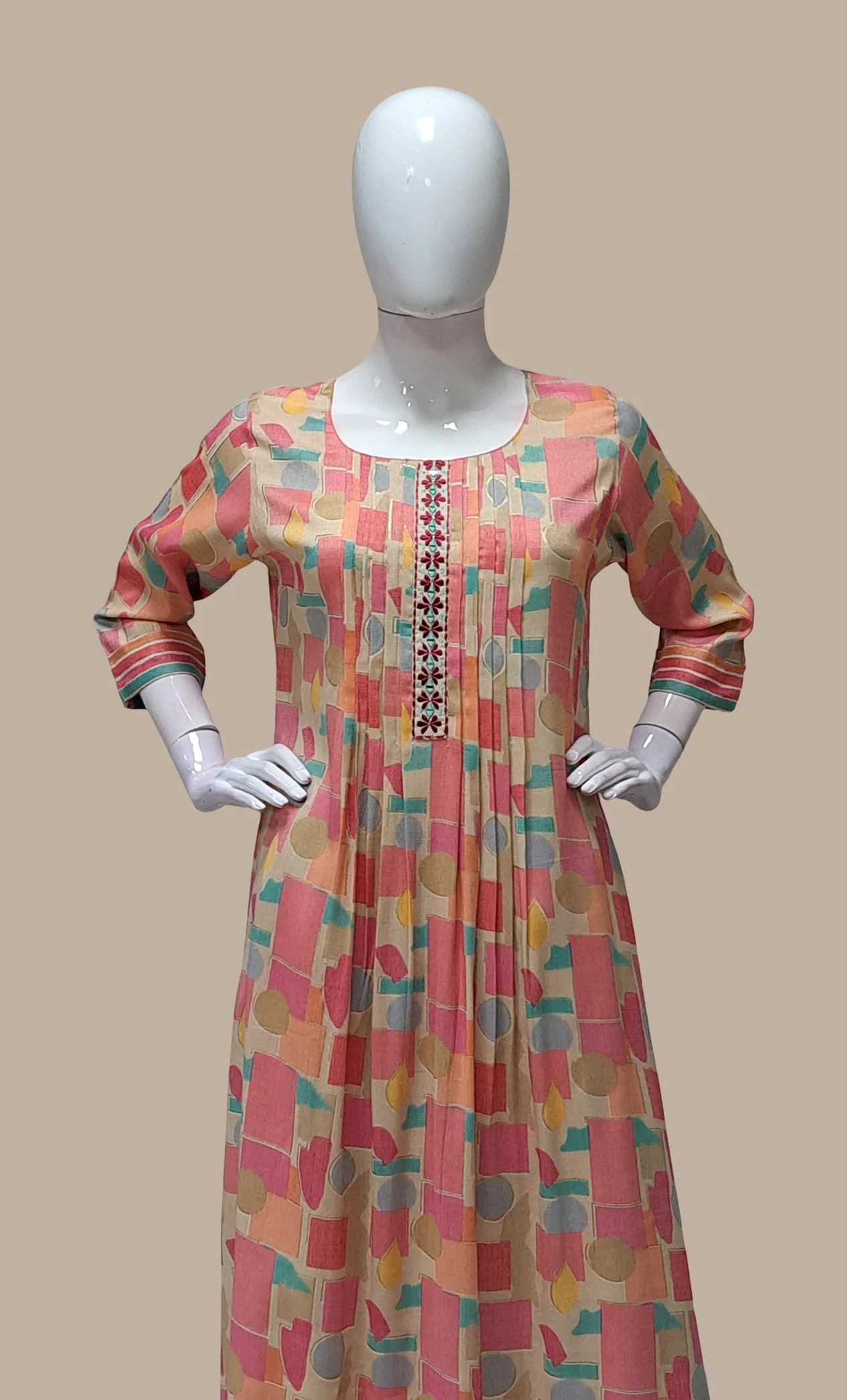 Beige Printed Kurti Top & Pants