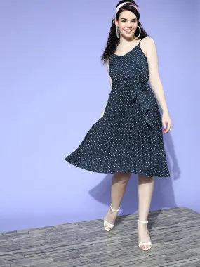 Berrylush Women Navy Blue & White Polka Dot Printed V-Neck Tie-Up Waist Crepe Accordion Pleated Fit & Flare Midi Dress