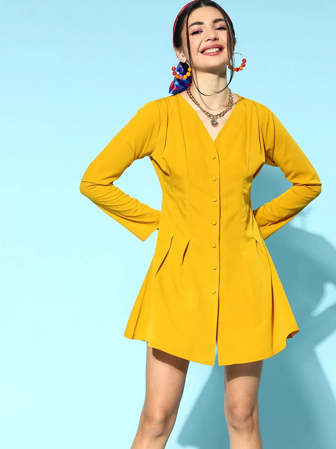 Berrylush Women Solid Mustard Yellow V-Neck Front Button Crepe Pleated Mini Shirt Dress