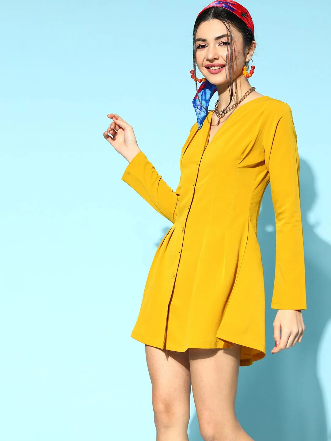 Berrylush Women Solid Mustard Yellow V-Neck Front Button Crepe Pleated Mini Shirt Dress