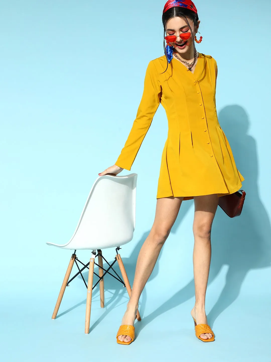 Berrylush Women Solid Mustard Yellow V-Neck Front Button Crepe Pleated Mini Shirt Dress