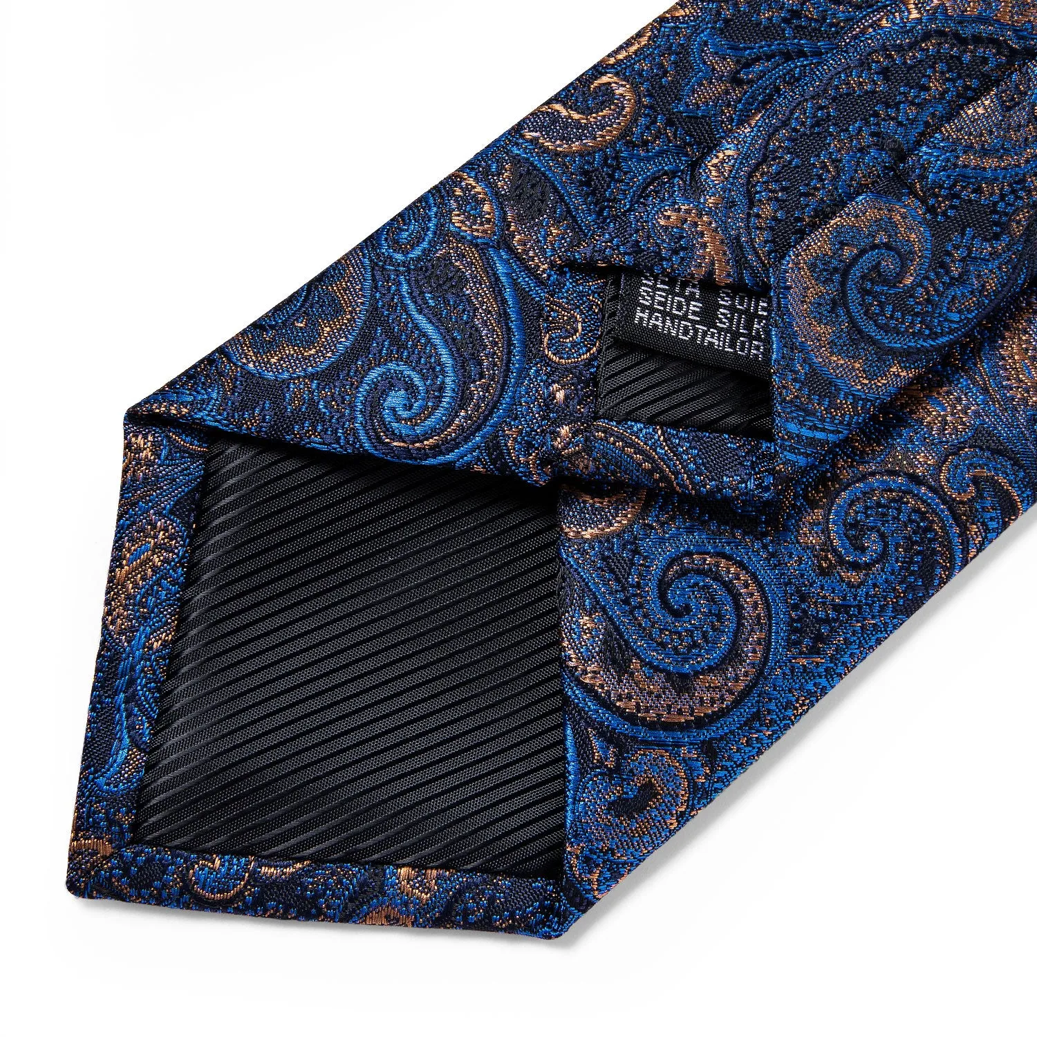 Black Collar Blue Paisley Jacquard V Neck Men's Vest Hanky Cufflinks Tie Set