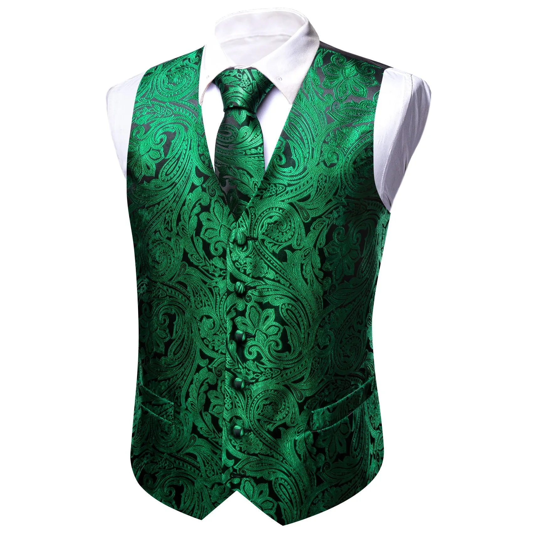 Black Emerald Green Floral Silk Men's Vest Necktie Set Waistcoat Suit Set