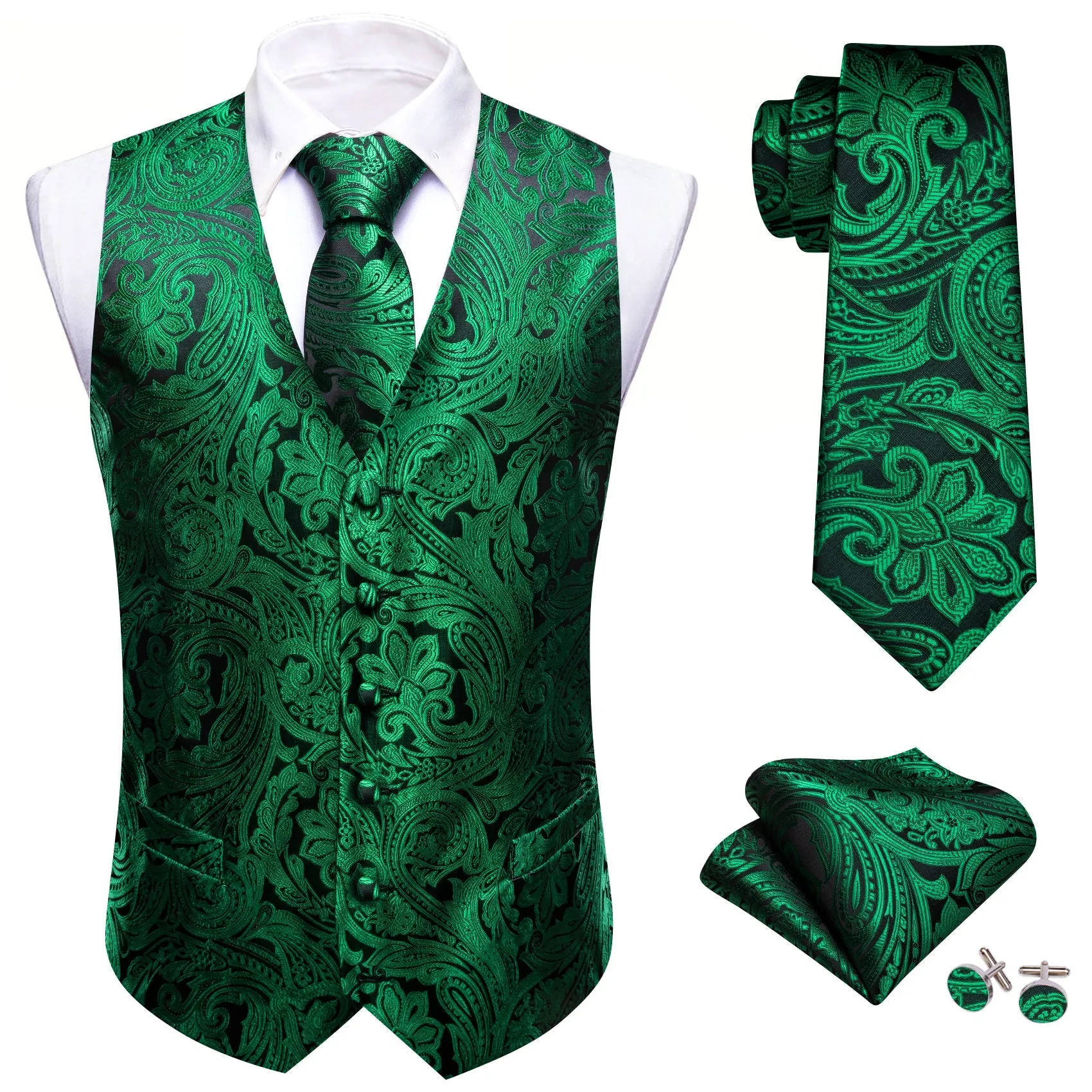 Black Emerald Green Floral Silk Men's Vest Necktie Set Waistcoat Suit Set