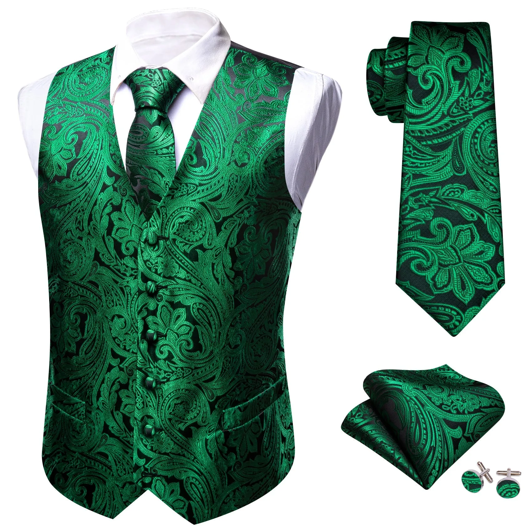 Black Emerald Green Floral Silk Men's Vest Necktie Set Waistcoat Suit Set