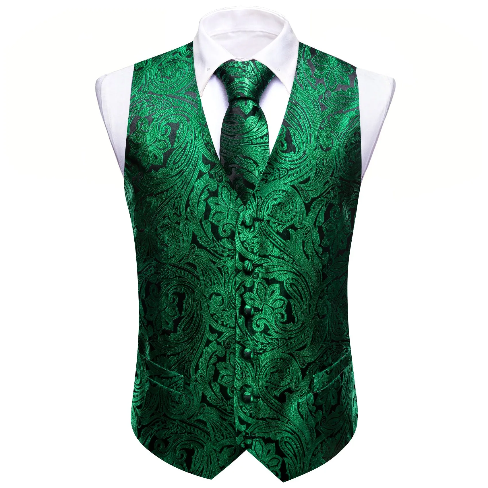 Black Emerald Green Floral Silk Men's Vest Necktie Set Waistcoat Suit Set