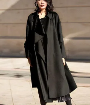 Black Flounced Water Ripples Long Wool Coat Winter Wool Coat/2255