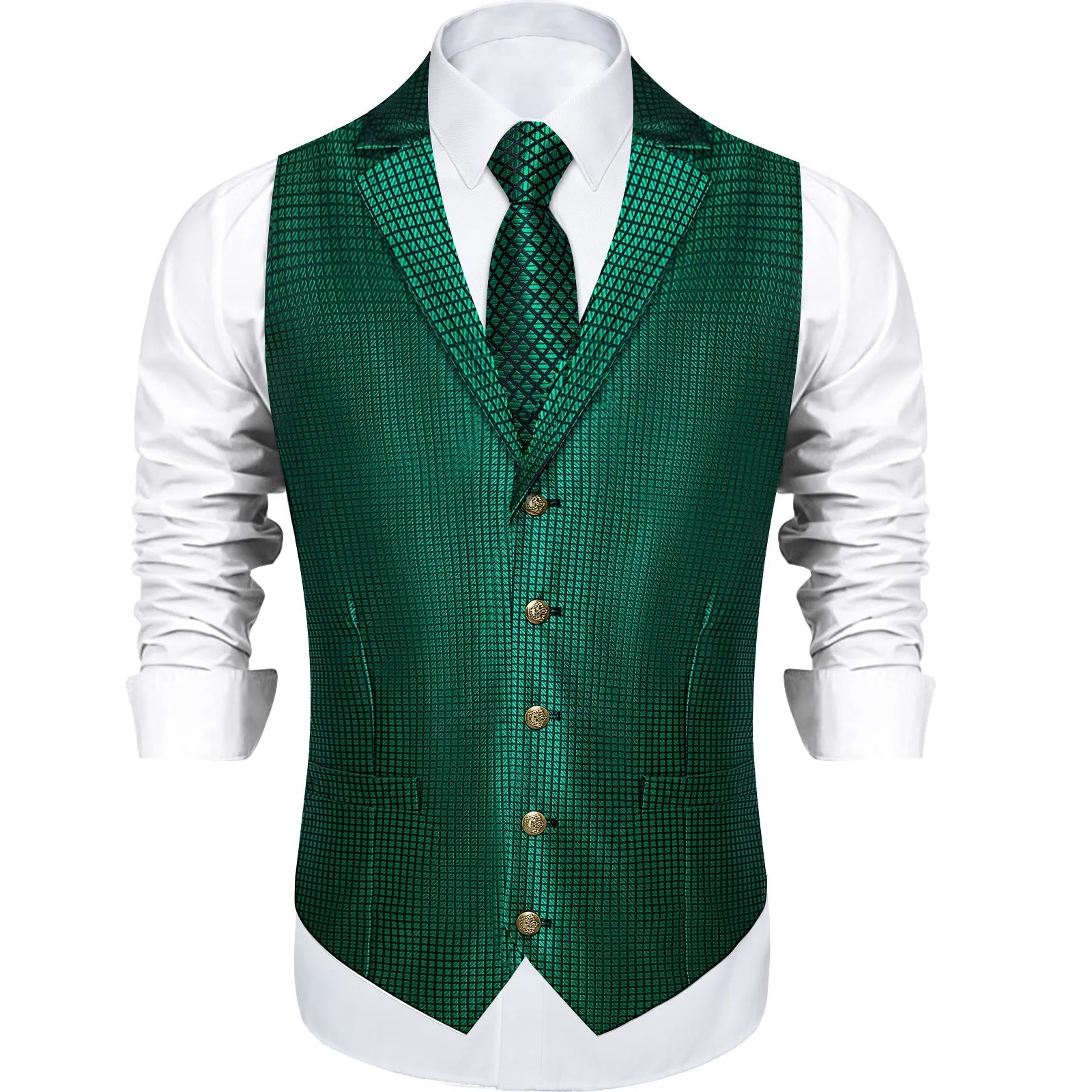 Black Green Plaid Classic Men's Collar Vest Tie Hanky Cufflinks Set Waistcoat Suit Set