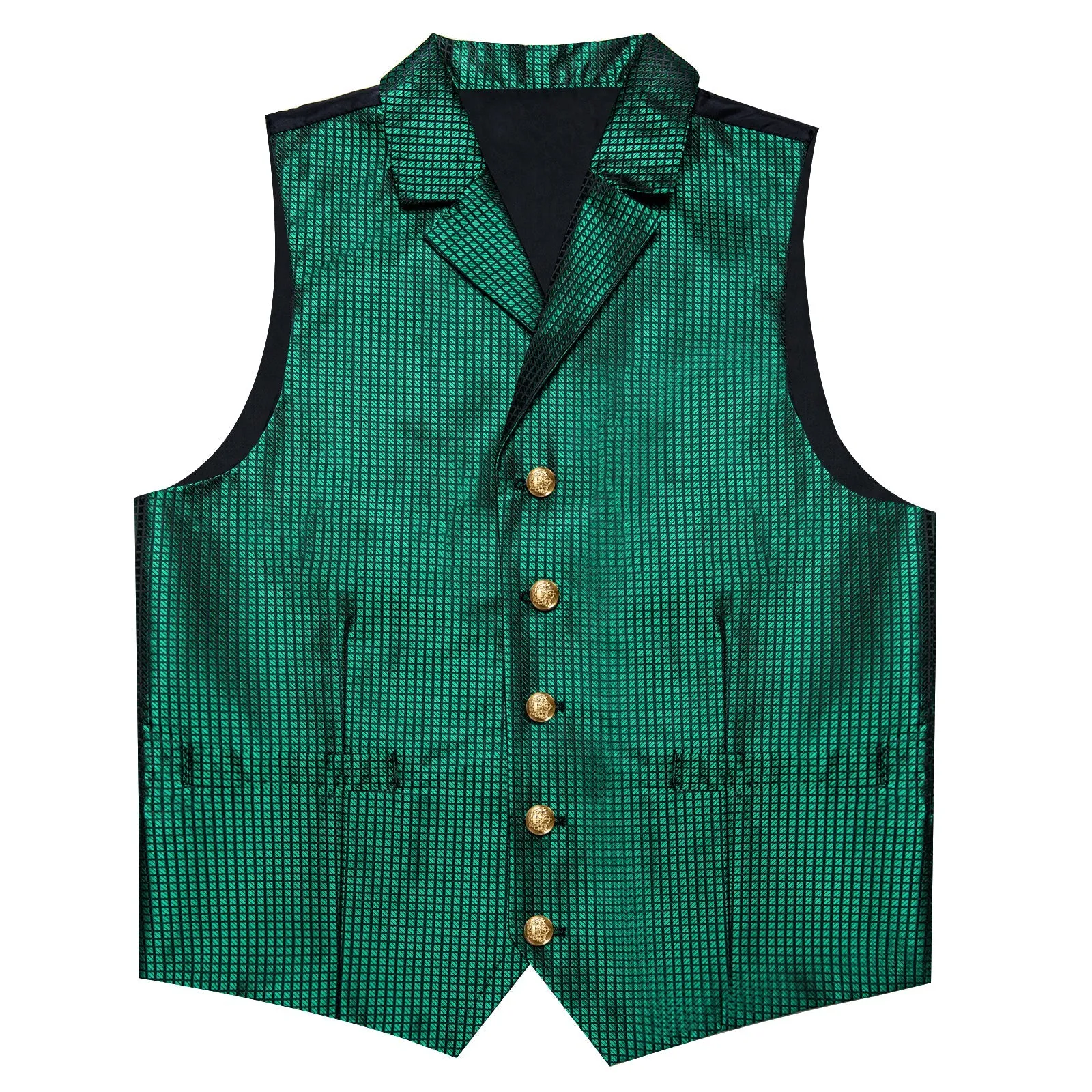 Black Green Plaid Classic Men's Collar Vest Tie Hanky Cufflinks Set Waistcoat Suit Set