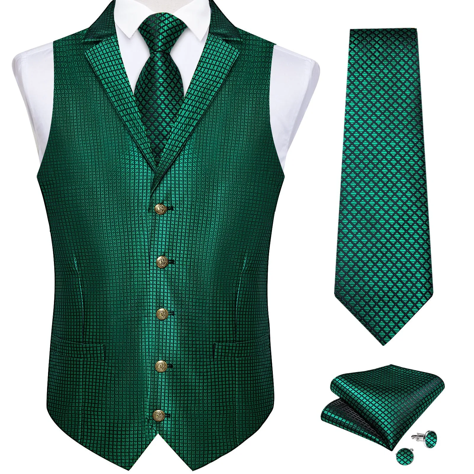 Black Green Plaid Classic Men's Collar Vest Tie Hanky Cufflinks Set Waistcoat Suit Set