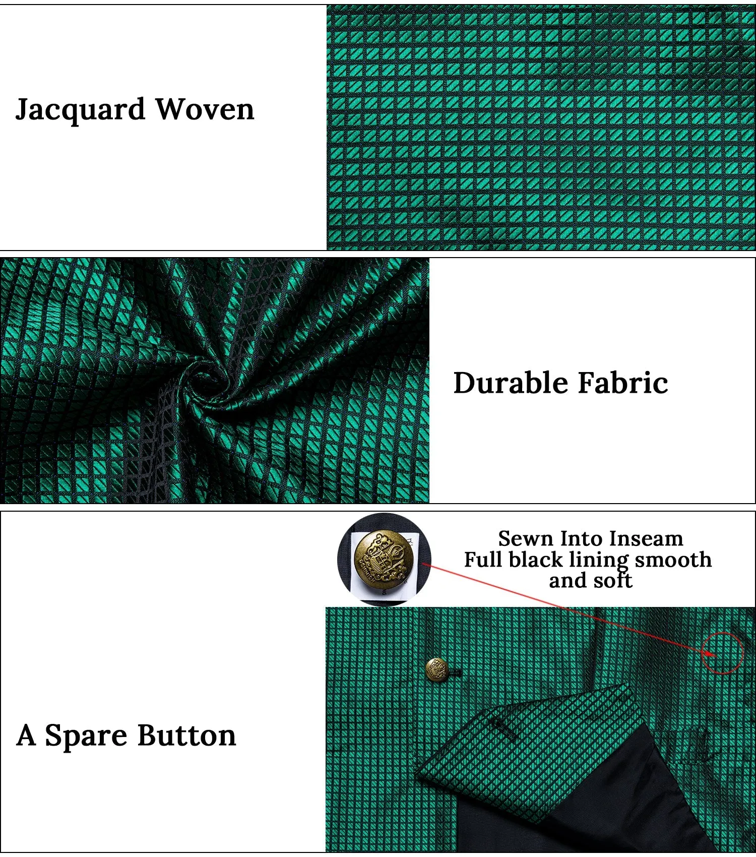 Black Green Plaid Classic Men's Collar Vest Tie Hanky Cufflinks Set Waistcoat Suit Set