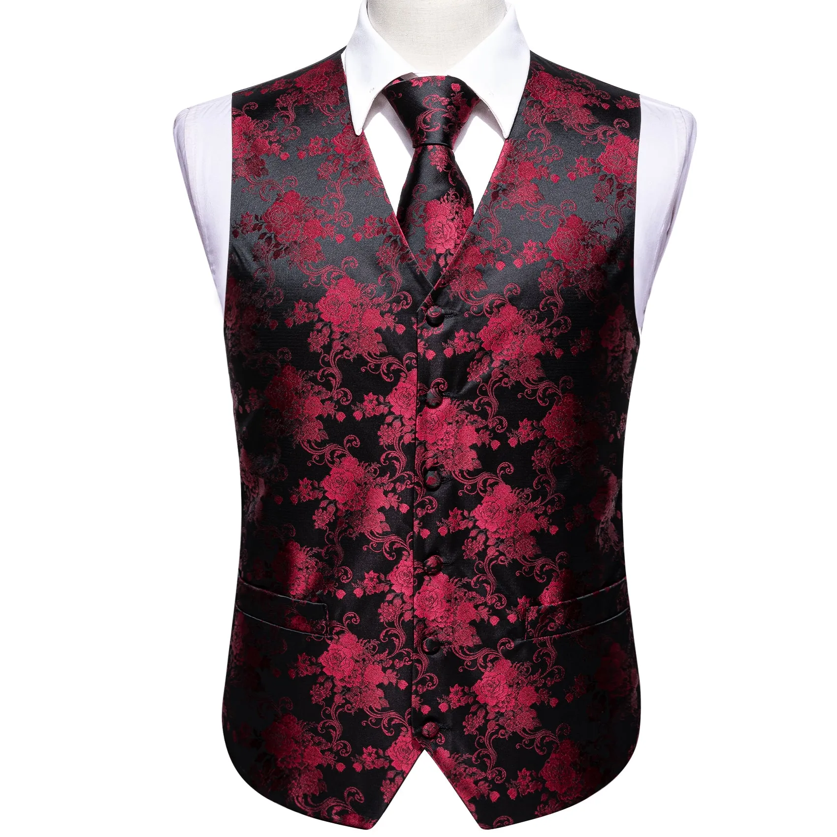 Black Red Peony Floral Jacquard Silk Men's Vest Hanky Cufflinks Tie Set