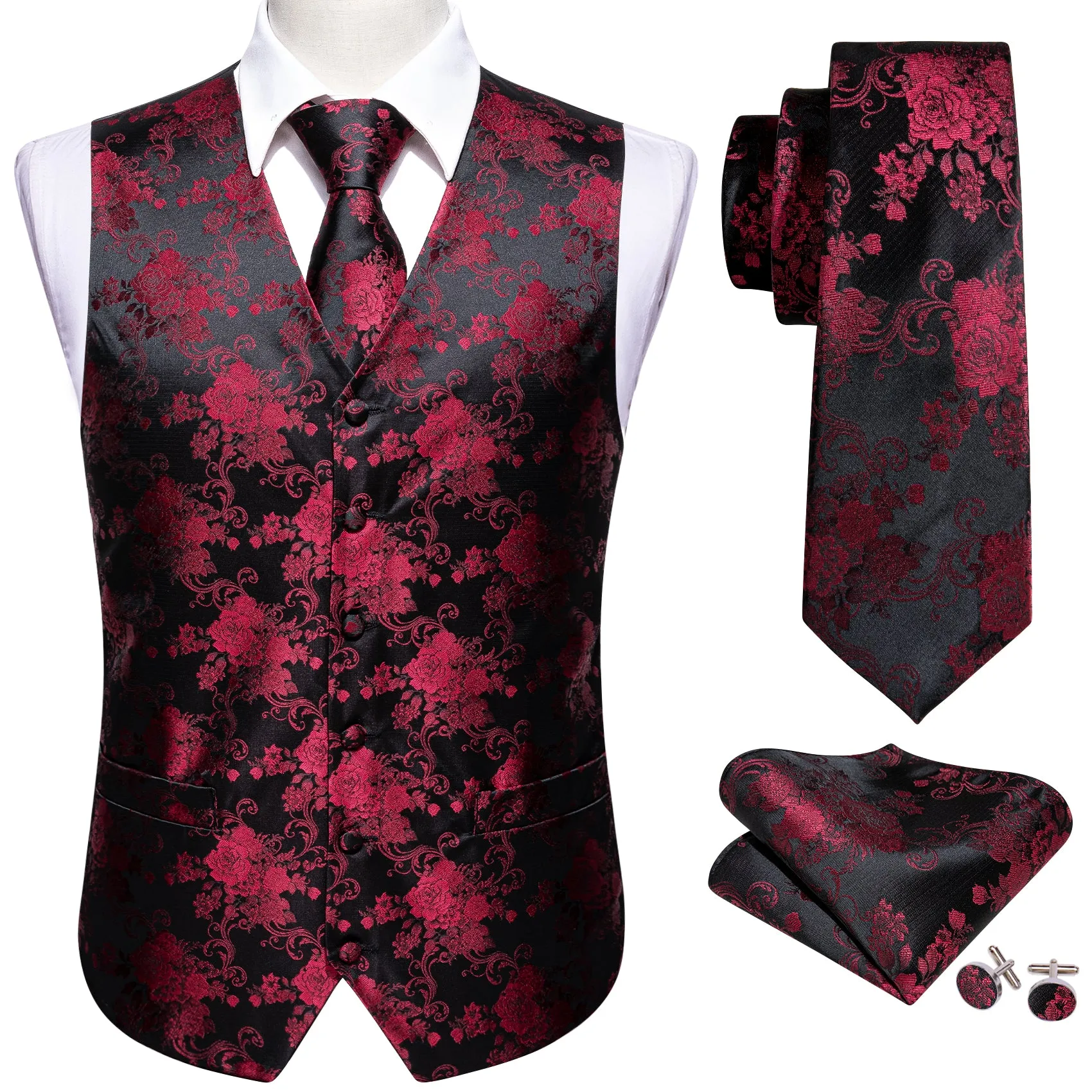 Black Red Peony Floral Jacquard Silk Men's Vest Hanky Cufflinks Tie Set