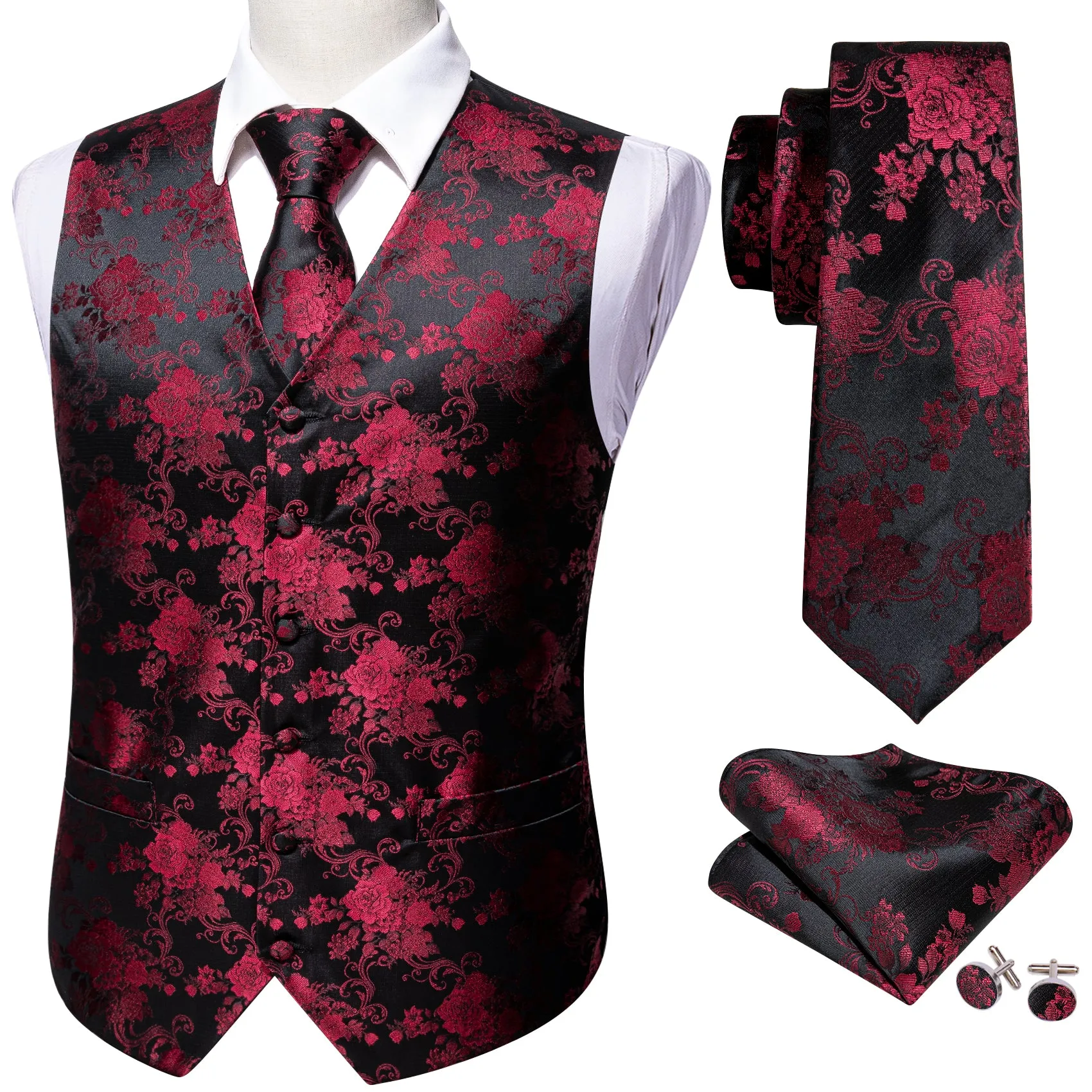 Black Red Peony Floral Jacquard Silk Men's Vest Hanky Cufflinks Tie Set