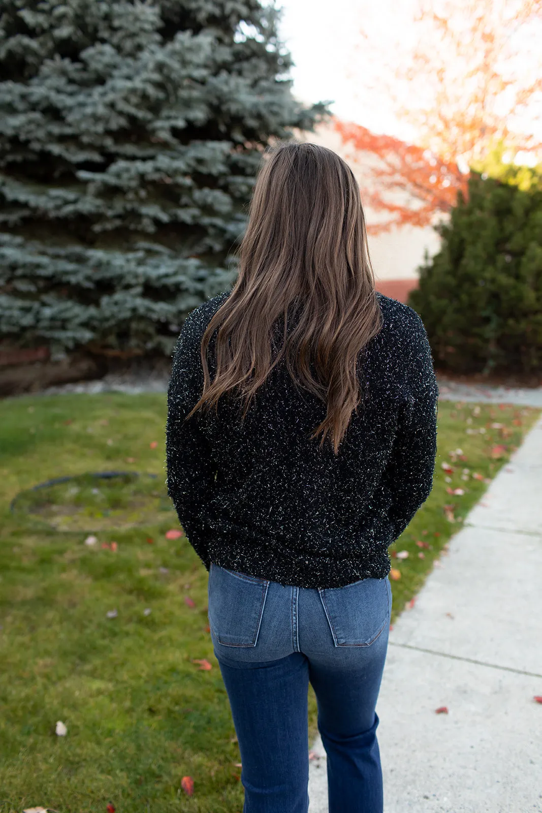 Black Tinsel Vneck Knit Sweater