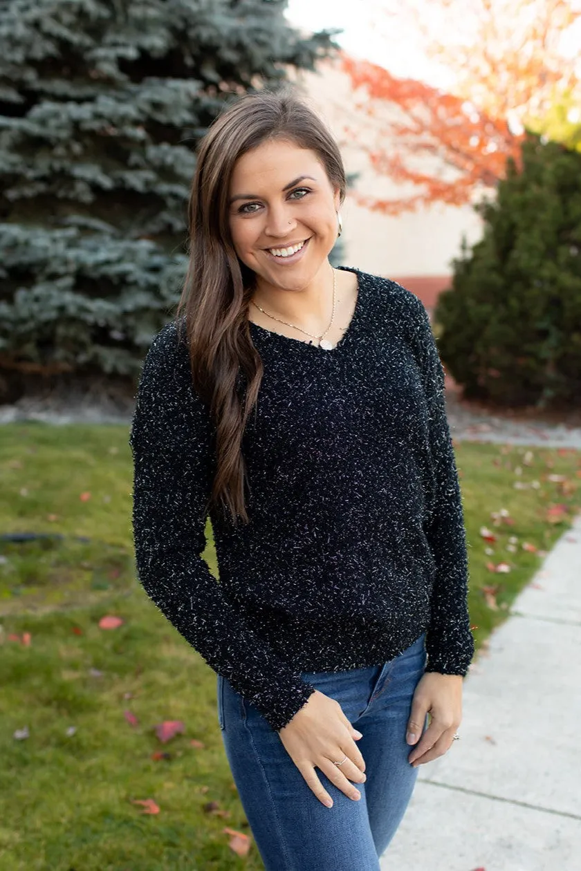 Black Tinsel Vneck Knit Sweater