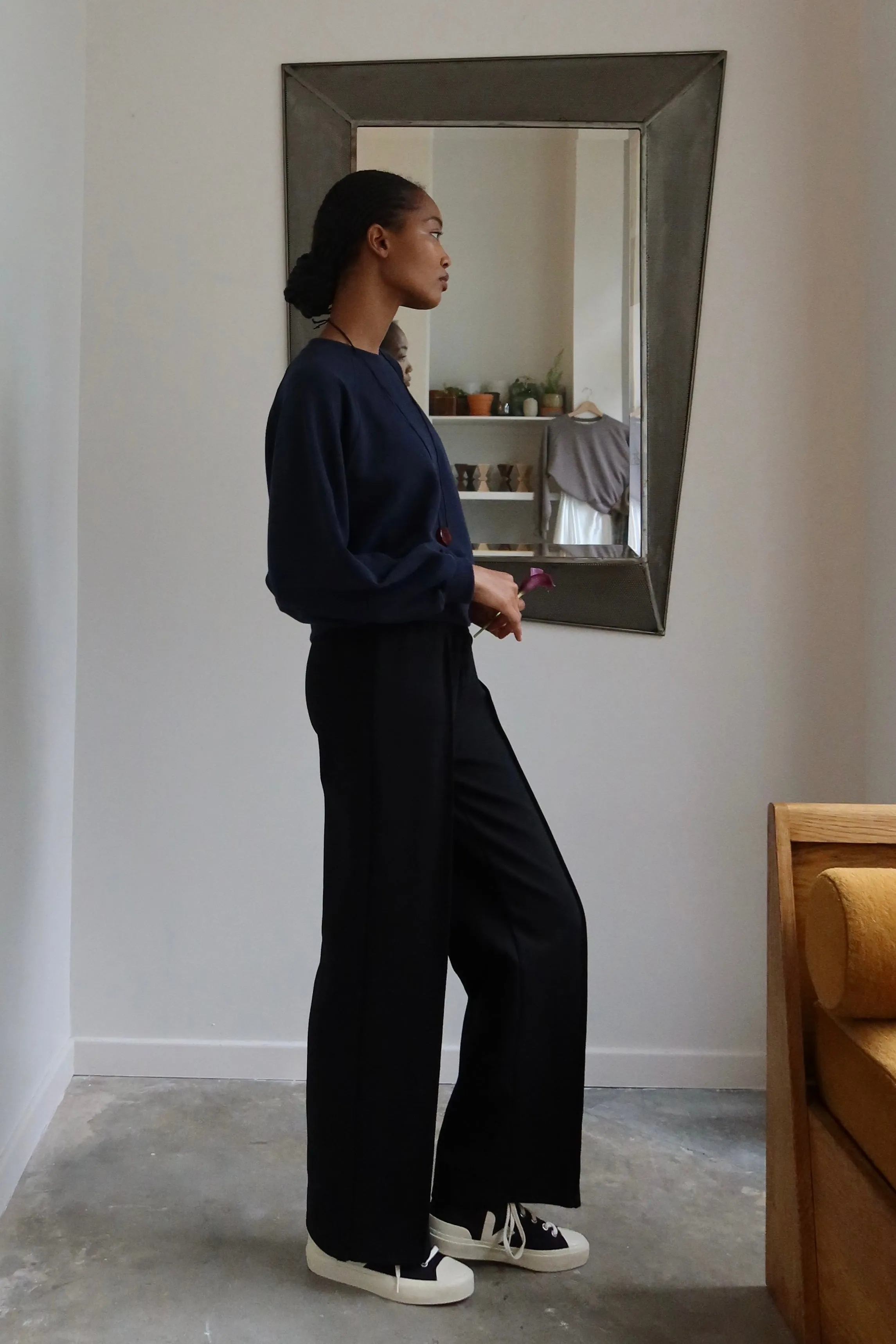 Black V-Waist Front Seam Wide Leg Pants