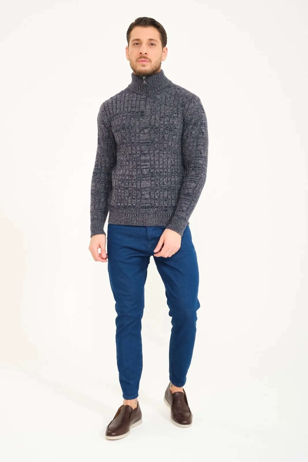 Blue Melange Wool Knit Sweater