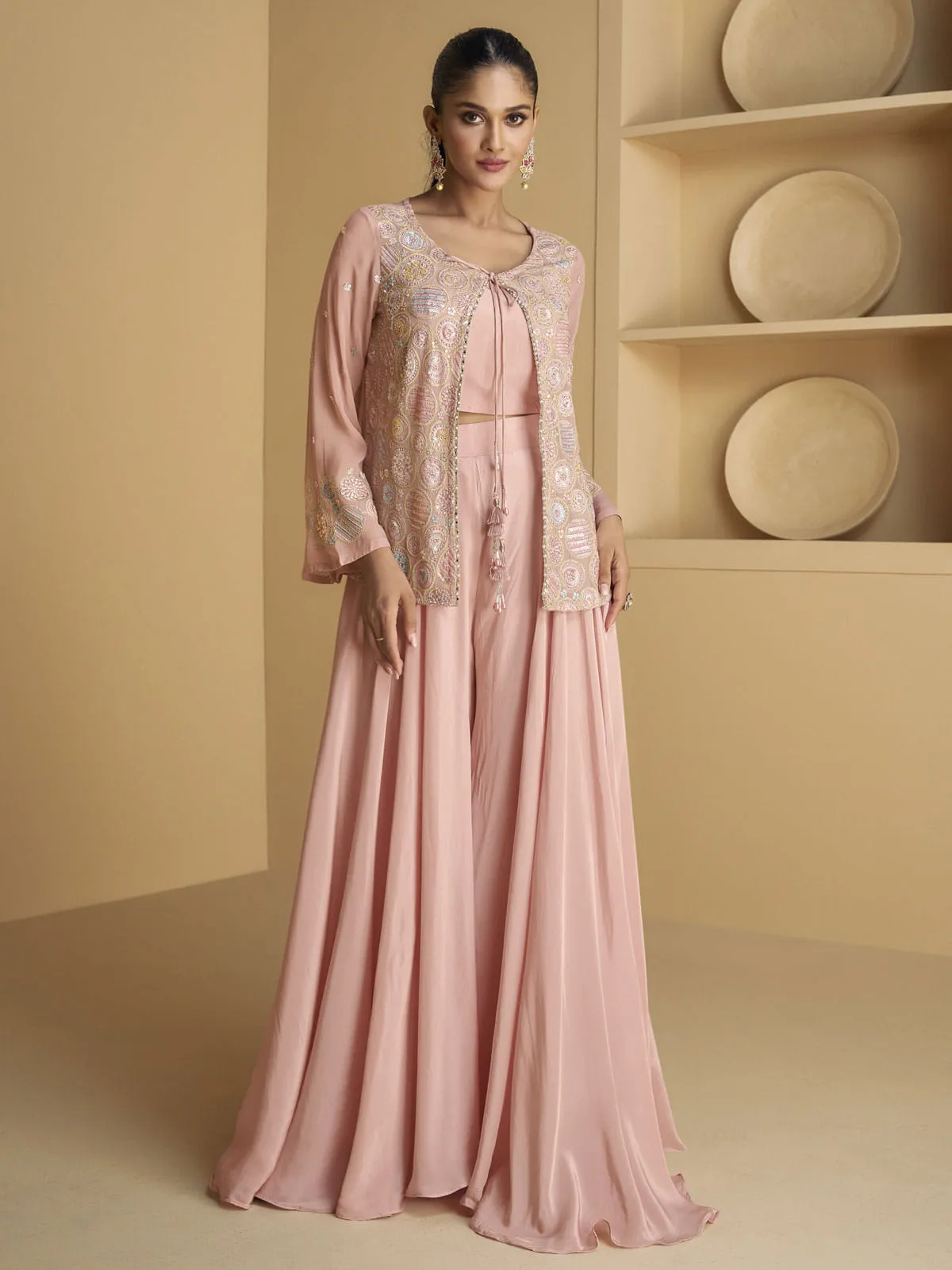 Blush Pink Sequence Embroidered Jacket Style Palazzo Suit